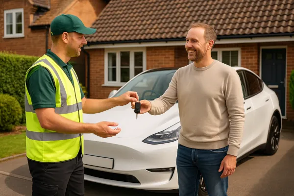 Trade Plate Driver Delivering Car to Customers Home